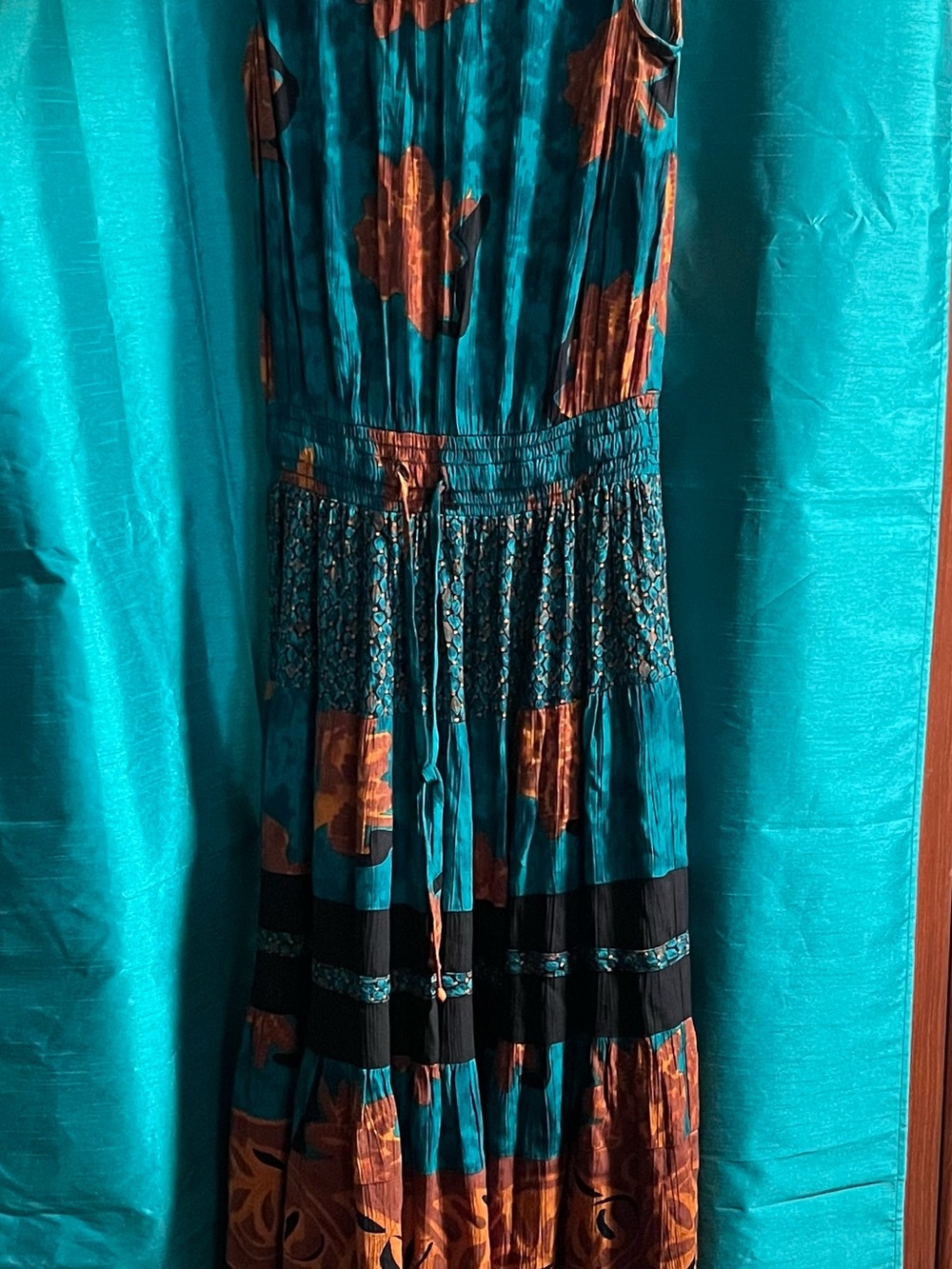 VINTAGE Carole Little Teal and Rust Floral Maxi Dress
